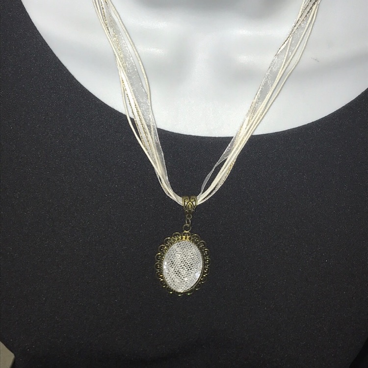New Victorian Style Necklace W White Ribbon Chain